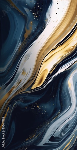 Blue and Gold Swirls in Textured Background. Generative AI.