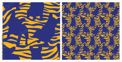 Dog silhouettes pattern fabric. Elegant, extravagant seamless background, abstract background with blue French Bulldog dog shapes. Present for Dog Lovers. Green and yellow zebra. Birthday wrapping.