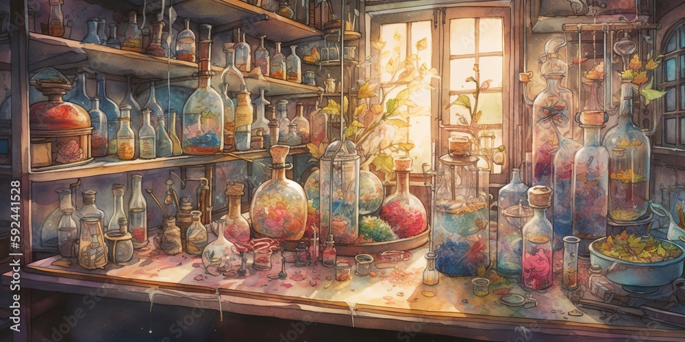 Vibrant Watercolor Alchemist's Lab with Magic Potions and Remedies. Generative AI.