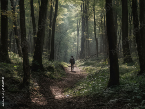 Generative ai walking alone in the forest hiking