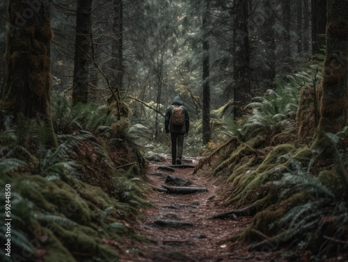 Generative ai walking alone in the forest hiking