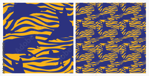 Dog silhouettes pattern fabric. Elegant, extravagant seamless background, abstract background with blue German Shepherd dog shapes. Present for Dog Lovers. Green and yellow zebra. Birthday wrapping.