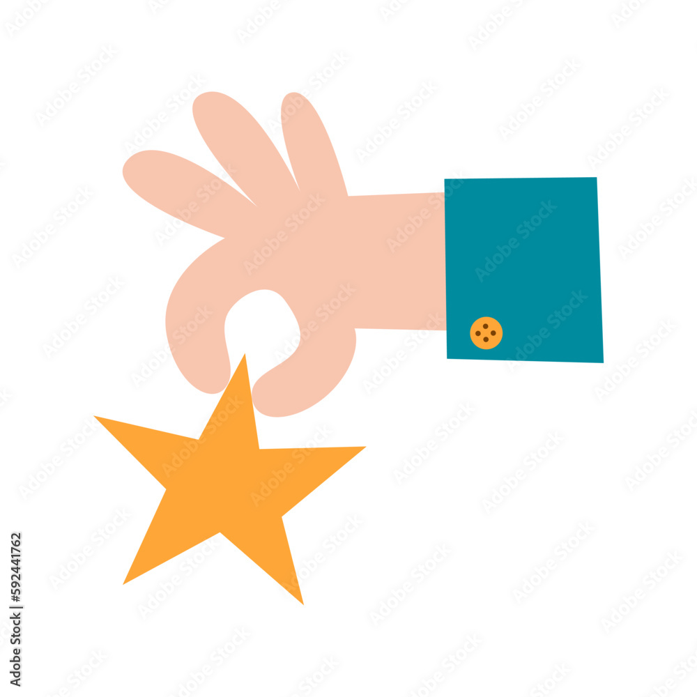 Hand holds a gold star in fingers. Office worker reviews and makes quality rating. Positive feedback concept. Business icon vector flat illustration. Hand holds a gold star in fingers. Office worker reviews and makes quality rating. Positive feedback concept. Business icon vector flat illustration.