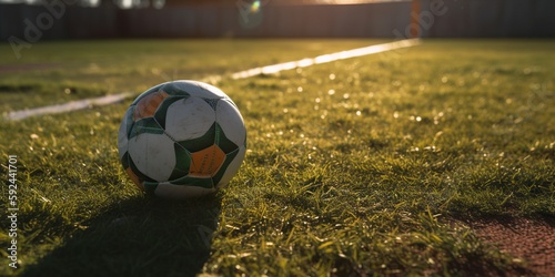 Soccer Ball on Grass Football Field in Bright Daylight. Generative AI.