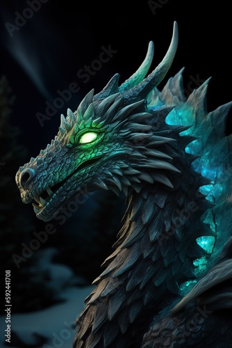 Aurora Borealis Dragon Head with Iridescent Scales and Mesmerizing Eyes. Generative AI.
