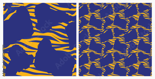 Dog silhouettes pattern fabric. Elegant, extravagant seamless background, abstract background with blue Komondor dog shapes. Present for Dog Lovers. Blue and yellow zebra. Birthday wrapping.