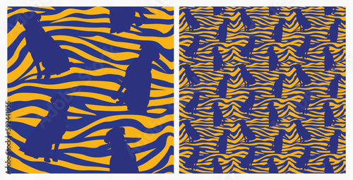 Dog silhouettes pattern fabric. Elegant, extravagant seamless background, abstract background with blue Labrador retriever dog shapes. Present for Dog Lovers. Blue and yellow zebra. Birthday wrapping.