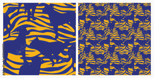 Dog silhouettes pattern fabric. Elegant, extravagant seamless background, abstract background with blue Mutt dog shapes. Present for Dog Lovers. Green and yellow zebra. Birthday wrapping. Ethnic style