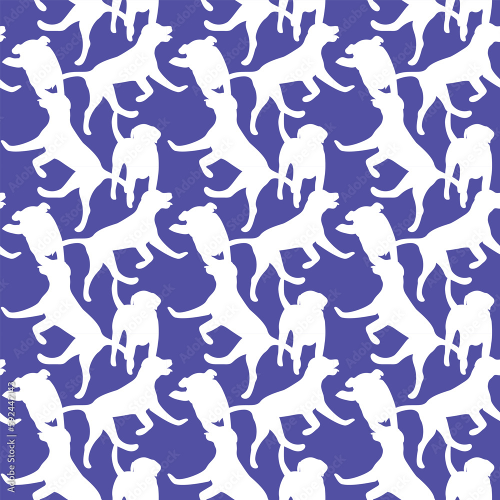 Dog silhouettes pattern fabric. Elegant, soft seamless background, abstract background with labrador retriever dog shapes for Dog Lovers. White and violet seamless Birthday present wrapping paper.