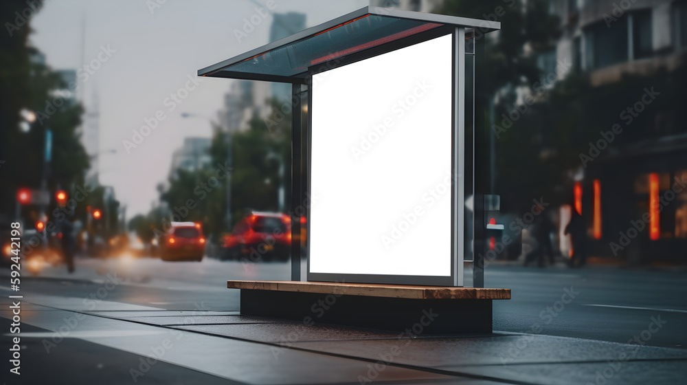 Empty billboard mockup at footpath or at roadside in city, side view blank billboard in city, Outdoor Advertising space in light box at bus stop in night, generative ai, empty signage mockup	