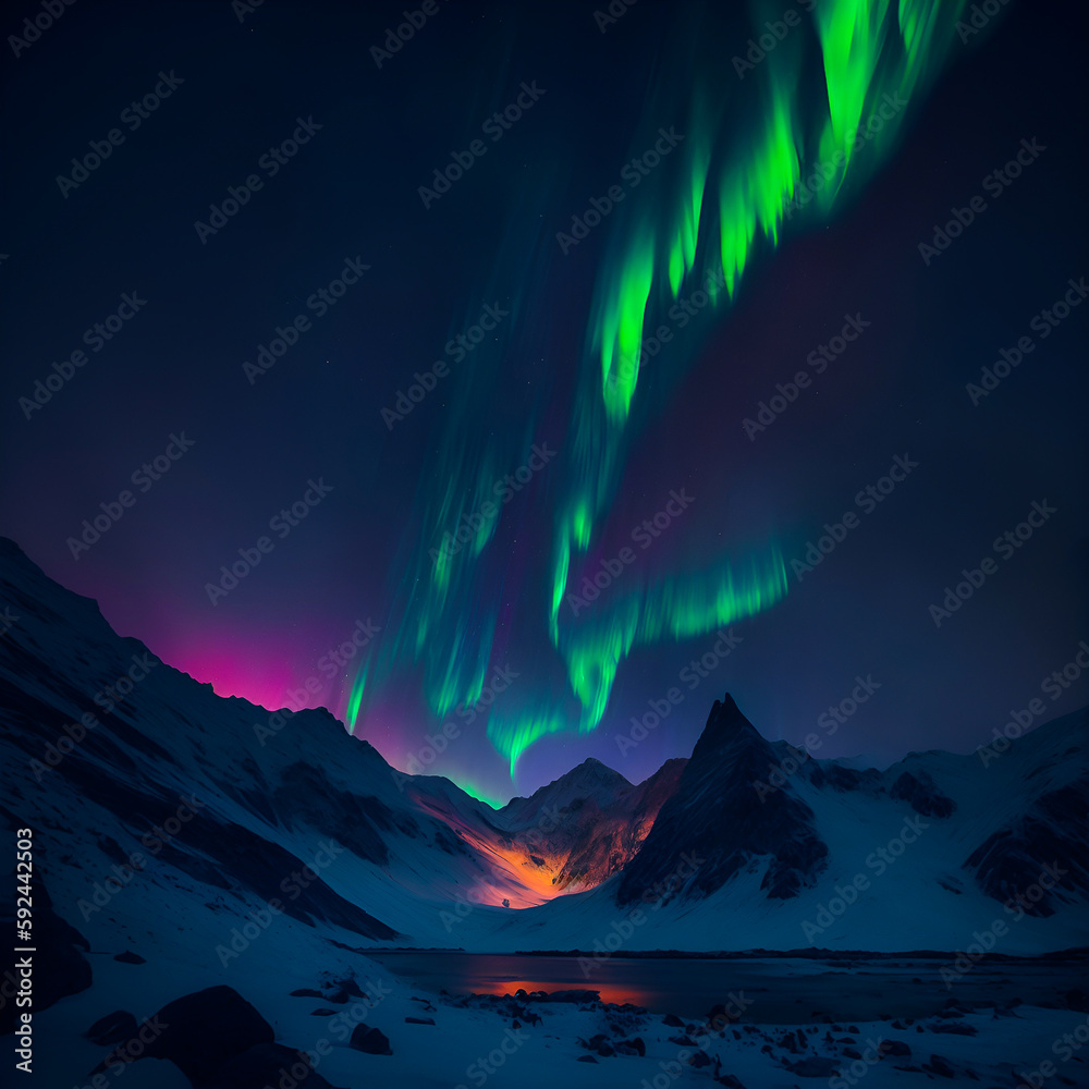 Beautiful landscape with lake and mountains, covered by snow, illuminated by the dancing Northern Lights. Aurora borealis northern landscape, created by Generative AI Beautiful landscape with lake and mountains, covered by snow, illuminated by the dancing Northern Lights. Aurora borealis northern landscape, created by Generative AI