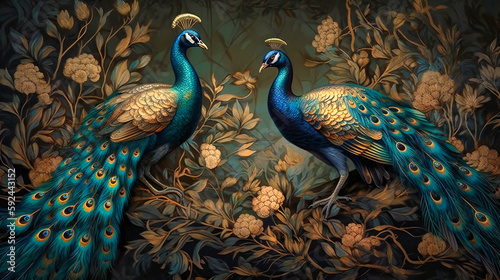 A wallpaper and peacocks gold and green leaves