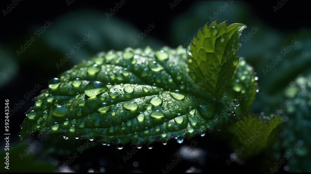 Close-up image of mint leaves with water detail.