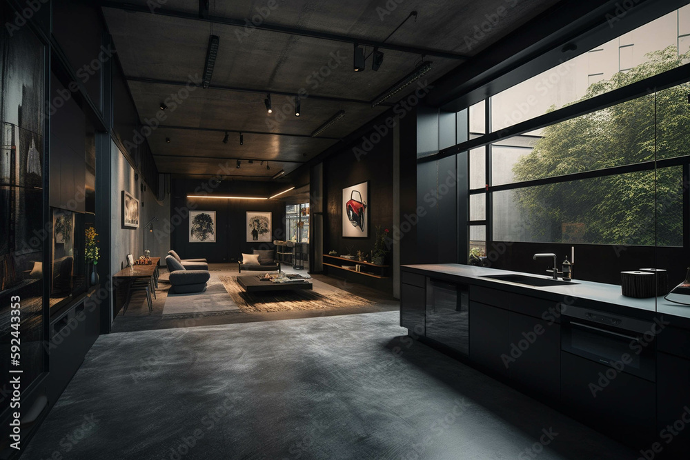 Minimalist Loft Design. Dark black color palette. Centered perspective. Interior Design