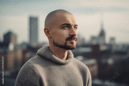 Portrait of a handsome bald man in a gray sweater on the background of the city