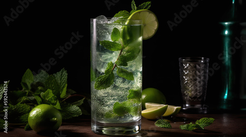 Incredible image of mojito cocktail with mint, ice and lemon on wooden table and preparation elements around it.