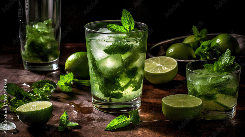 Incredible image of mojito cocktail with mint, ice and lemon on wooden table and preparation elements around it. Incredible image of mojito cocktail with mint, ice and lemon on wooden table and preparation elements around it.