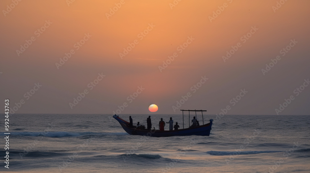 Boat with silhouettes of people with amazing sunset in the background.
