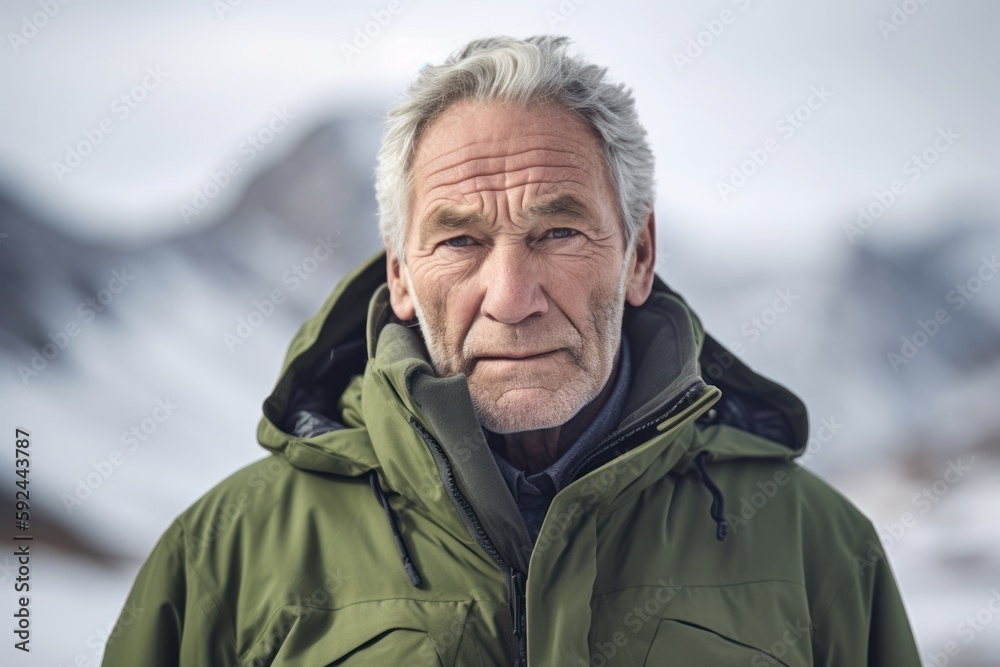 Portrait of a senior man with grey hair in a green jacket on the background of snowy mountains