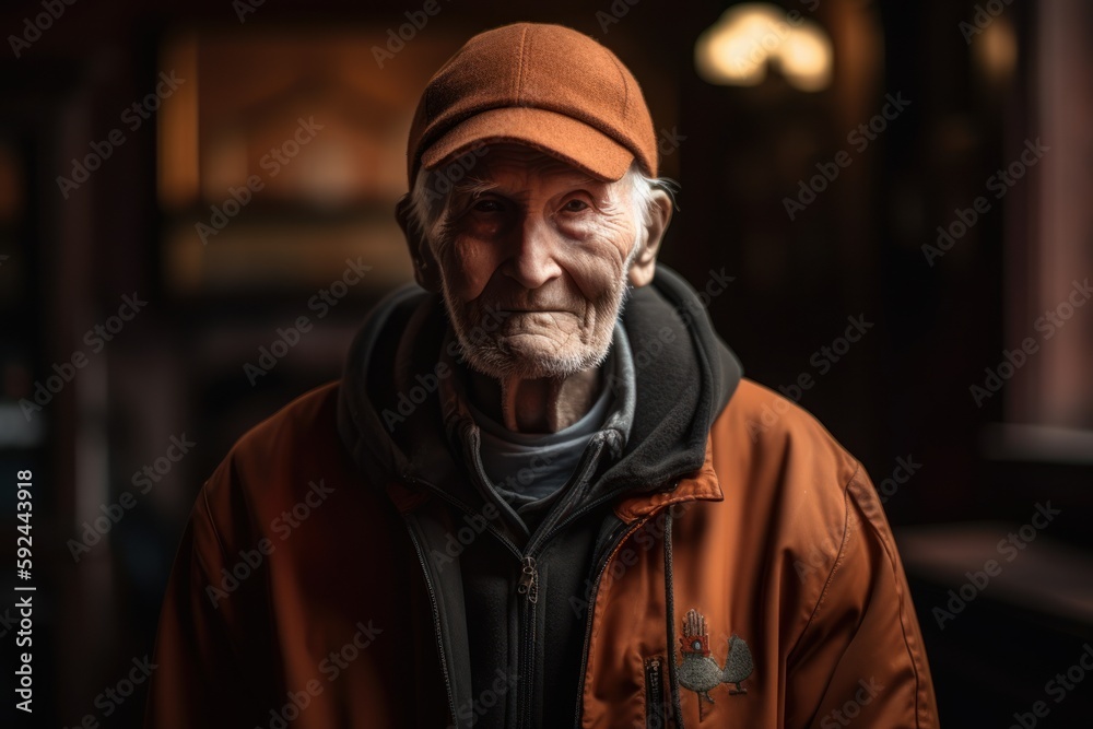 Portrait of an old man in a brown jacket and a cap.