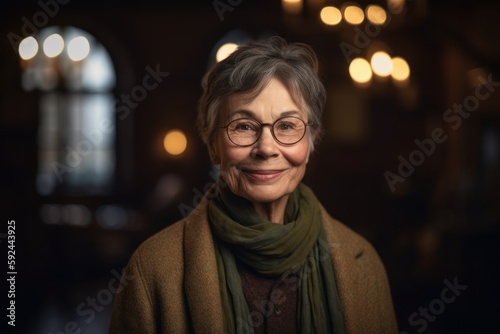 Portrait of smiling senior woman in glasses and a green scarf.