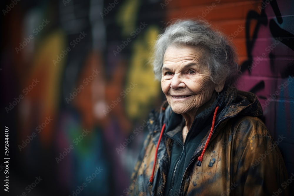 Portrait of an elderly woman in front of a graffiti wall.