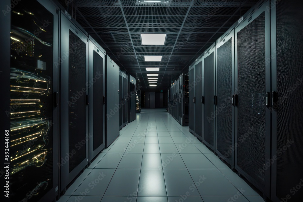 Data center equipment and servers engaged in the action of powering up, with the context of a technological workspace Data center equipment and servers engaged in the action of powering up, with the context of a technological workspace