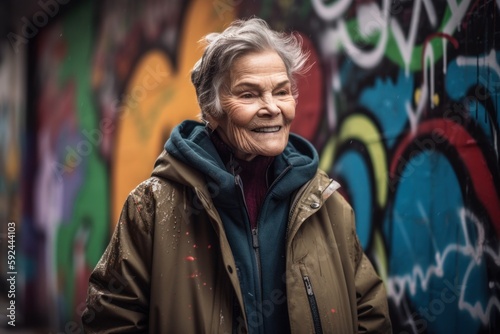 Portrait of an elderly woman in front of a graffiti wall. © Robert MEYNER
