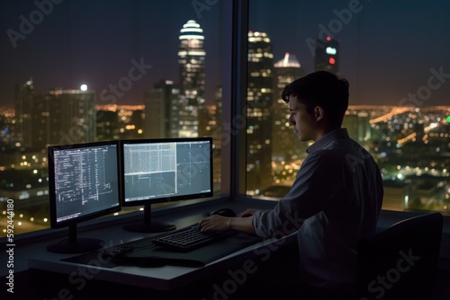 Computer engineer engaged in the development of a cybersecurity program with a city skyline in the background, during the early evening with natural light