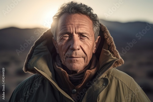 Portrait of senior man in winter jacket looking at camera in desert
