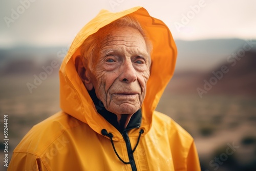 Portrait of an elderly man in a yellow raincoat on the background of the mountains