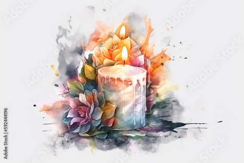 burning candle drawing with flowers paint watercolor Generative AI