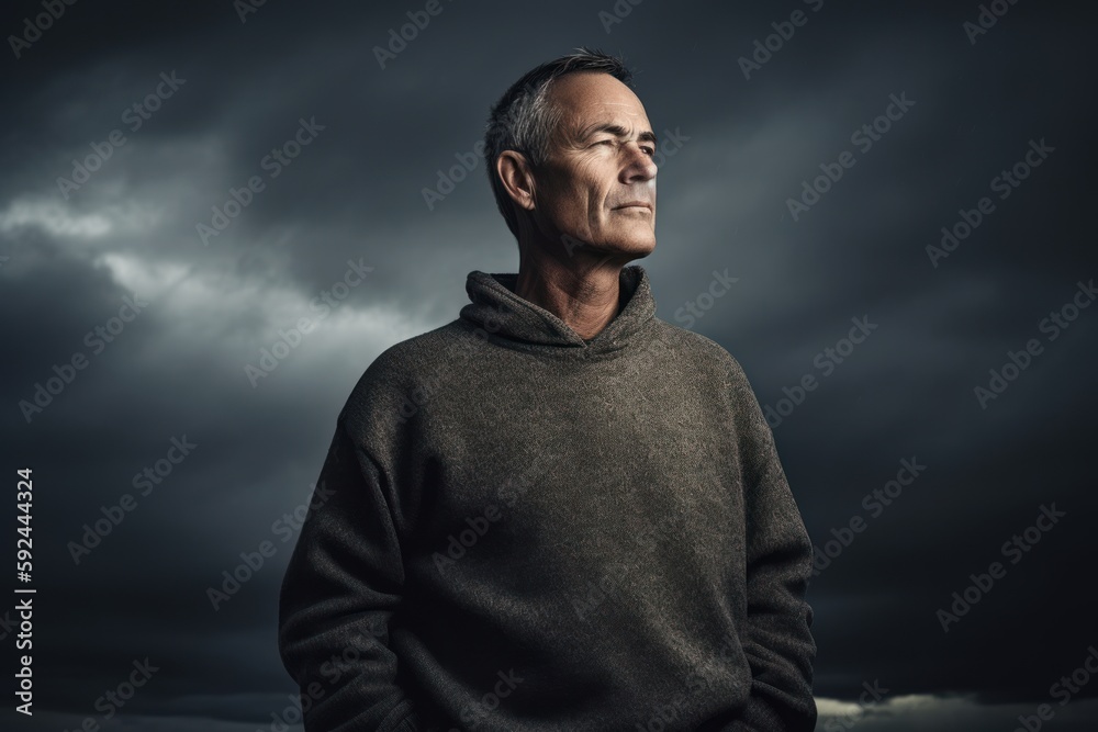 Portrait of a mature man in a dark stormy sky.
