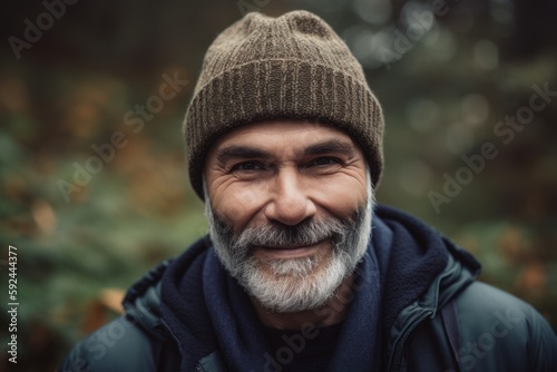 Portrait of a senior man in a knitted hat in the autumn forest