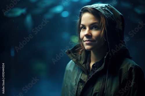 Portrait of a beautiful woman in a raincoat looking at camera