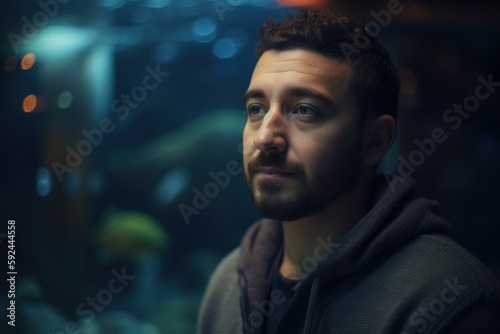 Portrait of a young man looking at the camera in an aquarium