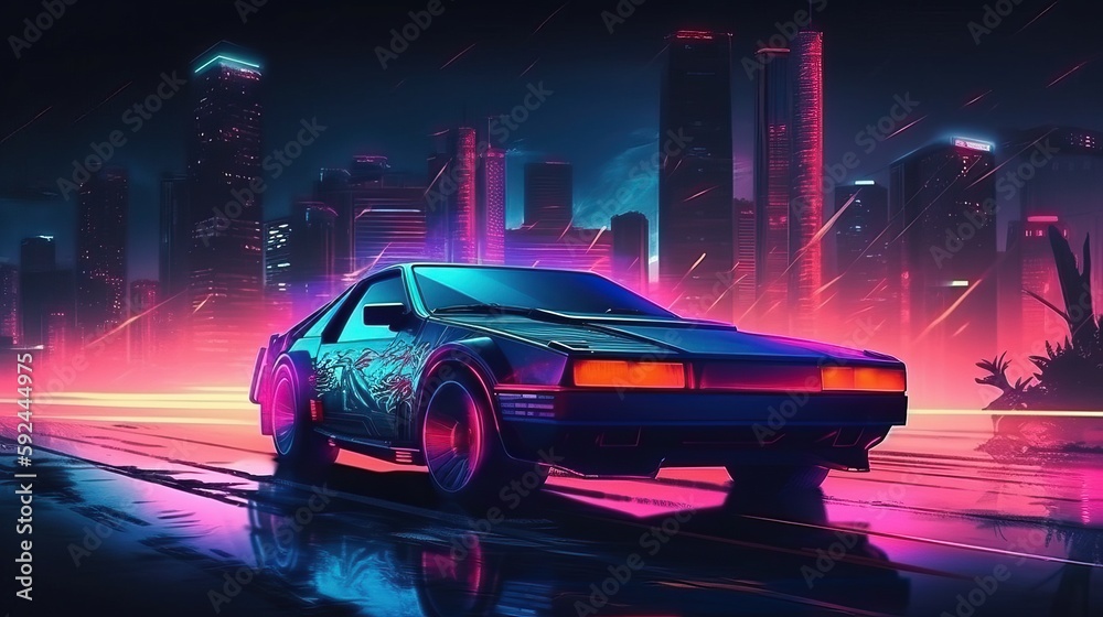 Futuristic retro wave synth wave car among palm trees in the style of the 80s. Generative AI