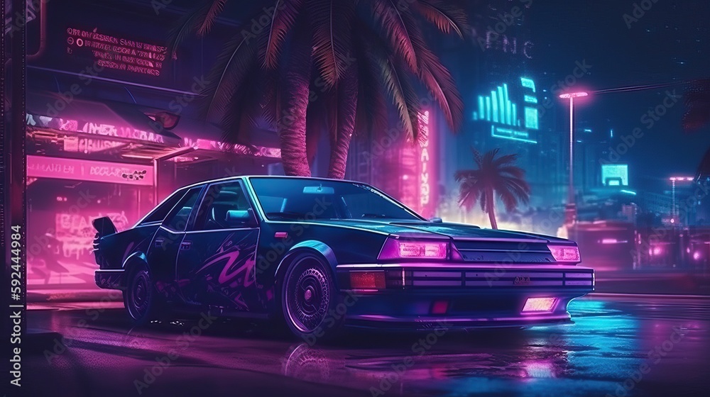 Futuristic retro wave synth wave car among palm trees in the style of the 80s. Generative AI Futuristic retro wave synth wave car among palm trees in the style of the 80s. Generative AI