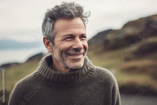Portrait of a handsome middle-aged man with gray hair, wearing a warm sweater, smiling and looking at the camera.