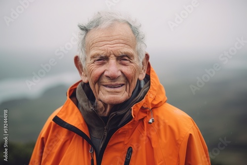 Portrait of an elderly man in an orange jacket on the top of a mountain © Robert MEYNER