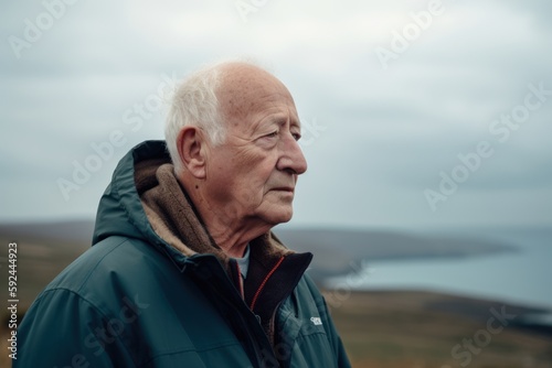 Portrait of an elderly man in a blue jacket on the background of the sea.
