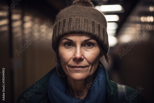 Portrait of mature woman wearing warm hat and scarf in train station