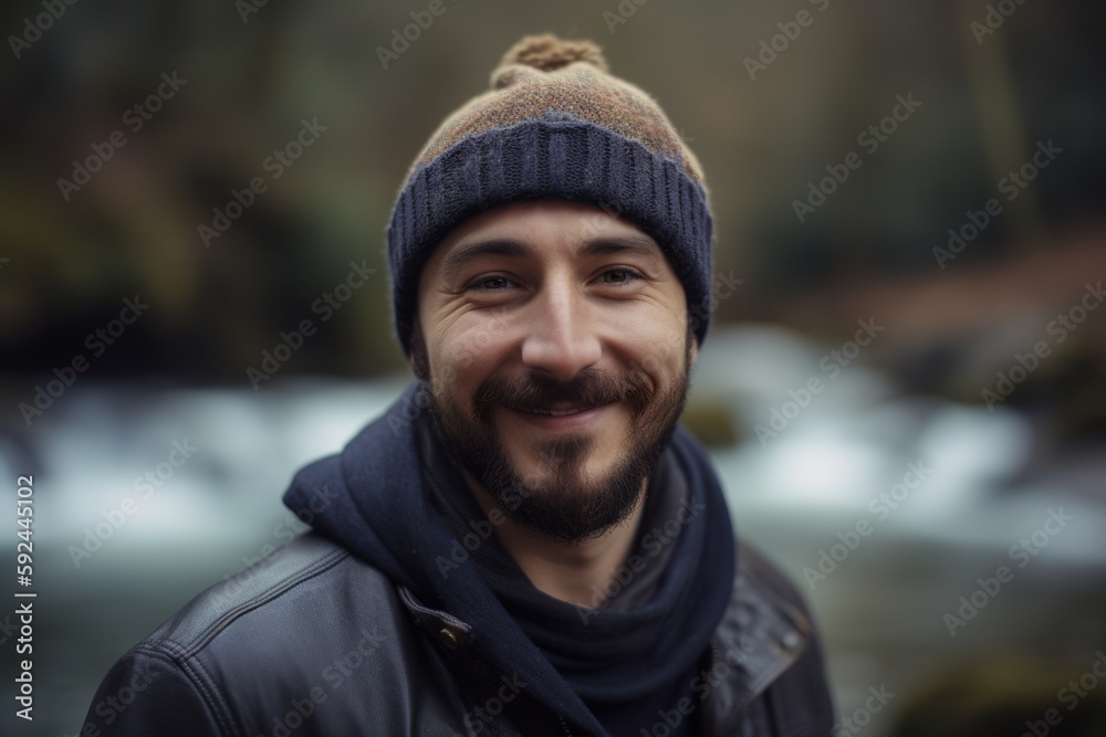 Portrait of a handsome young man in a winter cap and coat standing by the river Portrait of a handsome young man in a winter cap and coat standing by the river