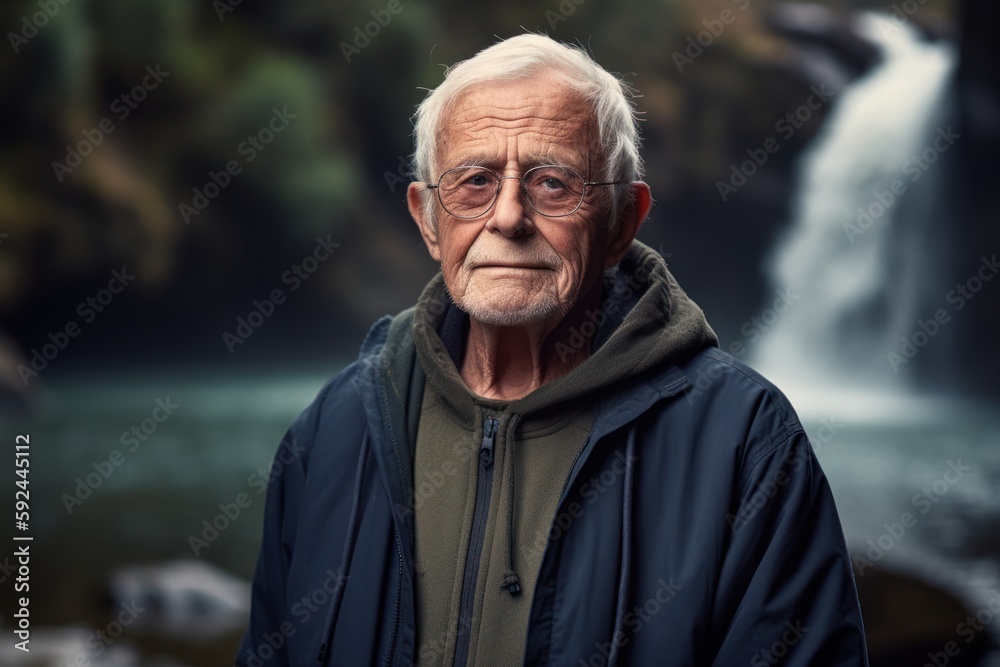 Portrait of an elderly man on the background of a waterfall. Portrait of an elderly man on the background of a waterfall.