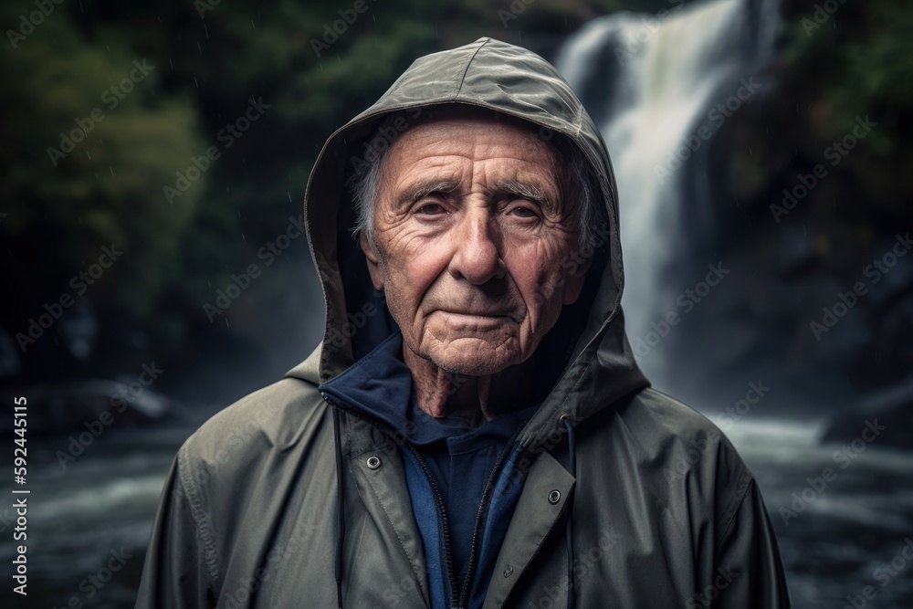 Fototapeta premium Portrait of an elderly man in a raincoat in front of a waterfall