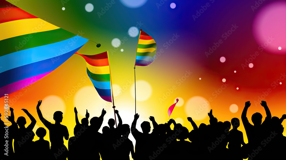 Illustration of people demonstrating with flags with the LGBT colors Illustration of people demonstrating with flags with the LGBT colors