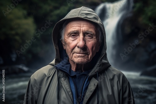Portrait of an elderly man in a raincoat in front of a waterfall