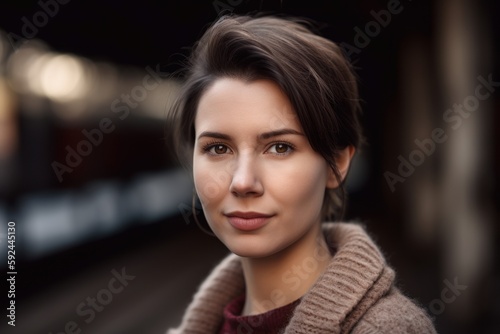 Portrait of a beautiful young woman on the train station in autumn