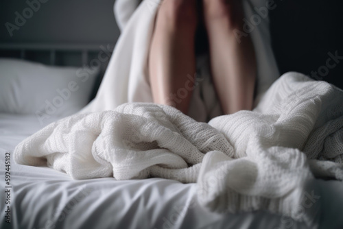 woman menstrual days, girl legs in a white bed generative ai photo