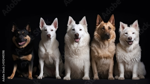 sitting trained dogs of different breeds on a black background generative ai